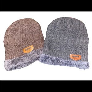 (2) SONG TING Knit Insulated Beanie Winter Hats Gray Brown Chevron Patch Women